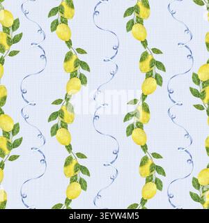 Watercolor seamless pattern with lemon branches and blue ribbon vines on a pale blue background. Hand painted Mediterranean design for fabric, wallpap Stock Photo