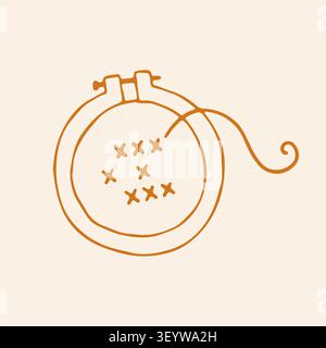 Vector illustration of a round embroidery hoop with cross stitches and a loose thread. Hand drawn orange line art icon for cross stitch needlework Stock Vector