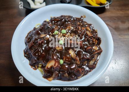 Asian dark gravy over noodles in a blue bowl with peas and sesame seeds. Served on a wooden table capturing a quick comforting everyday lunch. Stock Photo