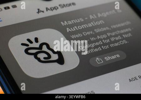 Canada. 04th July, 2026. In this photo illustration, the Manus AI logo is seen displayed on a smartphone screen in the Apple app store. (Photo by Thomas Fuller/SOPA Images/Sipa USA) *** Strictly for editorial news purposes only *** Credit: Sipa USA/Ģ����ý Live News Stock Photo