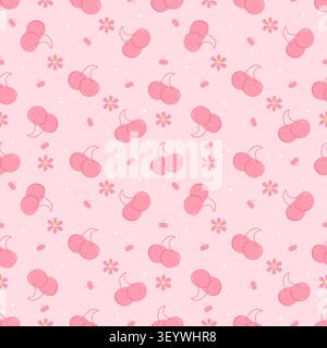 Adorable pink monochrome seamless pattern with cherries and small flowers. Perfect for girly wallpapers, gift wrapping, fabric prints, and nursery dec Stock Vector