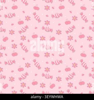 Adorable monochrome pink seamless pattern featuring cherries, candies, flowers, and tiny white dots. Perfect for girly wallpapers, gift wrapping, and Stock Vector