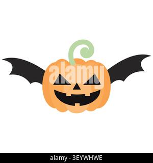 Cute Halloween pumpkin jack o lantern with black bat wings. Flat vector illustration isolated on white. Perfect for spooky season stickers, party deco Stock Vector