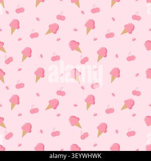 Adorable monochrome pink seamless pattern featuring pastel ice cream cones and cute cherries. Perfect for summer wallpapers, gift wrap, and sweet-them Stock Vector