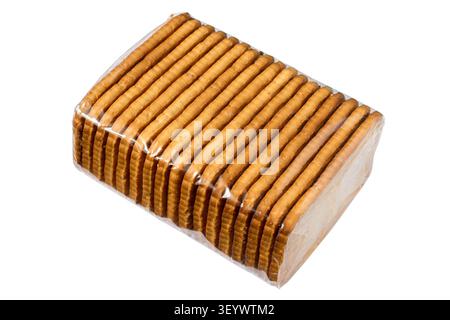 A pack of biscuits in a transparent package on a white background. Close-up packaging of biscuits Stock Photo