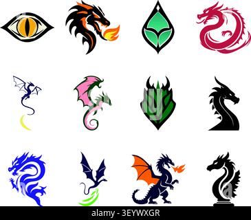 A dynamic illustration set featuring various dragon themed emblems and fantasy creature designs, including a dragon eye, fire breathing dragon head. Stock Vector