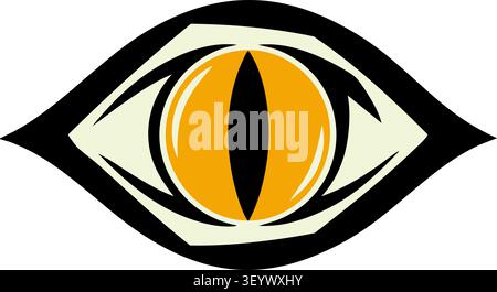 Flat illustration of a stylized dragon eye emblem with a dark green outline and a golden iris with a vertical slit pupil Stock Vector
