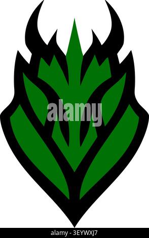 Flat illustration of a dark green dragon face crest with angular shapes black horn like edges and a sharp symmetrical appearance Stock Vector