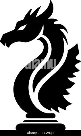 Flat illustration of a dark gray dragon bust with a long curved neck sharp profile and pedestal base like a fantasy statue or chess piece Stock Vector