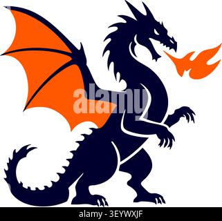 Flat illustration of a standing gray dragon with orange wings clawed feet spiked back and a stream of fire from its mouth Stock Vector