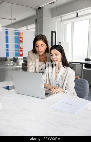 Two businesswomen discussing project on laptop in modern office Stock Photo