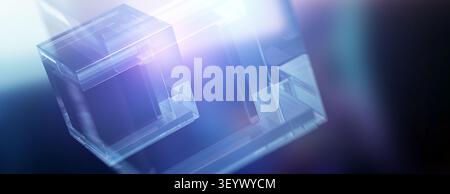 Premium 3D render featuring floating, transparent glass cubes illuminated by soft blue light and bright cinematic lens flares. Stock Photo