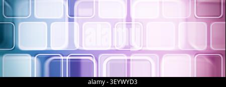 Modern UI concept wide backdrop. 3D glowing translucent app icons on a futuristic blue, purple and pink pastel gradient. Stock Photo