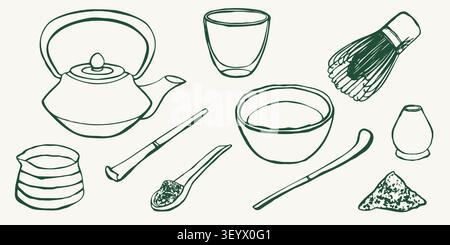Vector line illustration set of matcha tea ceremony tools including teapot, bowl, cup, whisk, scoop and powder. Collection for packaging, labels Stock Vector
