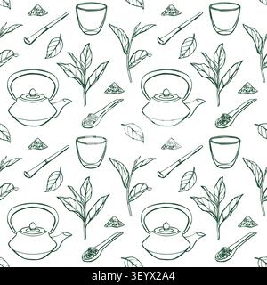 Seamless vector line pattern with matcha tea leaves, kettle, cup, bamboo whisk, spoon and tea powder. Hand drawn green tea background for packaging Stock Vector