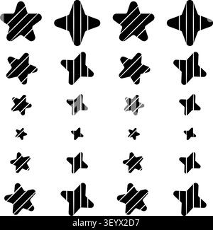 Black striped star shape icon set in various sizes, isolated on a white background as a vector illustration. Stock Vector