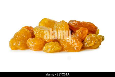 Yellow raisin or currant or sultana in stack is isolated on white background with clipping path. Stock Photo
