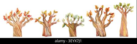 Watercolor autumn oak trees collection with colorful orange and green leaves fall season landscape elements for Thanksgiving Day school projects harve Stock Photo