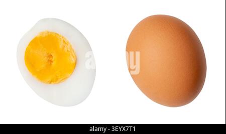 Top view set of cooked or boiled unpeeled chicken egg with egg yolk in whole  and half is isolated on white background with clipping path. Stock Photo