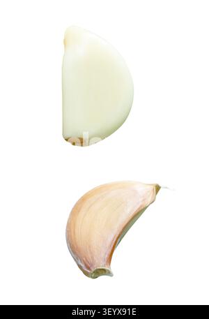 Side view set of unpeeled garlic cloves is isolated on white background with clipping path. Stock Photo