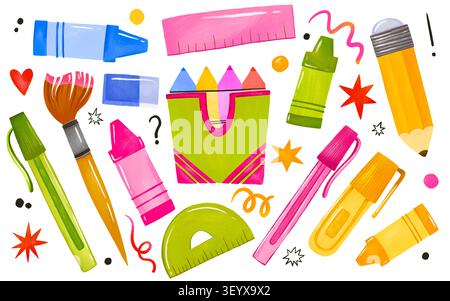 Hand drawn school supplies set with colorful crayons pencil and rulers isolated on white background perfect for back to school banners posters and chi Stock Photo