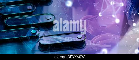 Futuristic UI/UX design concept. Programmer hands on keyboard with 3D glassmorphism interface elements and digital network plexus. Stock Photo