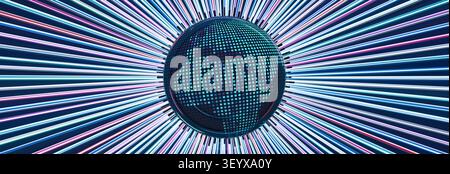 Futuristic digital globe 3D wide background. Dotted LED sphere with high-speed neon radiating lines banner. Stock Photo