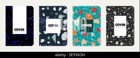 School notebook cover design. Terrazzo abstract background made of natural stones, granite, quartz and marble. Venetian terrazzo texture school notebook template. Stock Vector