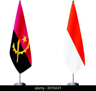 Angola and Indonesia flags on flagpoles for official ceremonies and meetings, transparent background vector Stock Vector