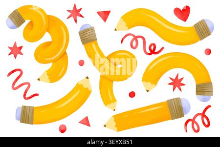 Hand drawn bendy yellow pencils illustration school elements clip art set with red stars for kids education projects back to school banner scrapbookin Stock Photo