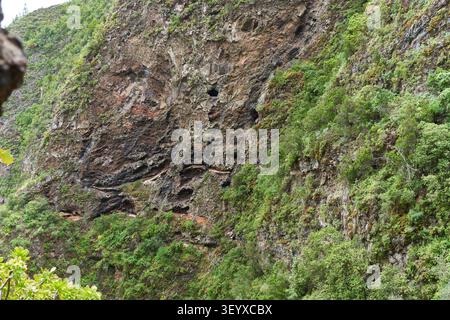 Rock-cut window tunnels line a volcanic cliff face at Ventanas de Güímar Stock Photo
