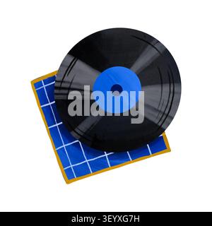 Isolated vintage vinyl record on blue checkered sleeve for retro audio equipment store logo music store banner Father Day greeting card or nostalgic b Stock Photo