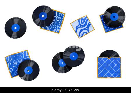 Creative music collection with hand drawn vinyl records and blue covers layout design for world radio day or retro dance party flyers poster Stock Photo