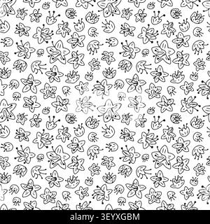 Seamless ditsy floral pattern with small monochrome black and white hand drawn wildflowers. Playful retro summer cottagecore botanical design Stock Vector