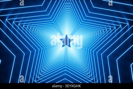 Glowing star with vibrant blue neon lights. Creative neon tunnel background, 3d rendering. 3d illustration. Stock Photo