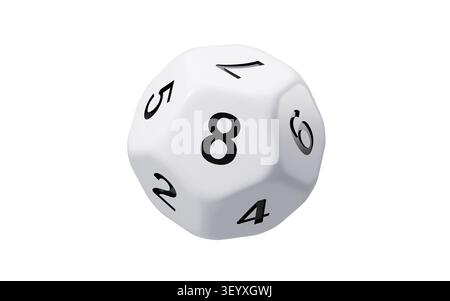 White dodecahedral dice with black numbers on it, 3d rendering. 3d illustration. Stock Photo