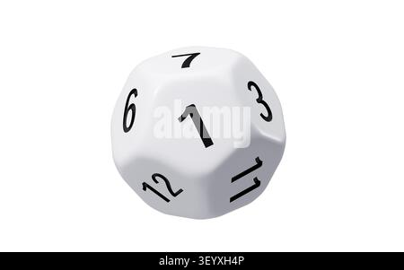 White dodecahedral dice with black numbers on it, 3d rendering. 3d illustration. Stock Photo