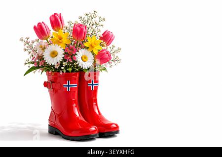 Spring flowers arranged in red rain boots with Norwegian flags on a white background Stock Photo