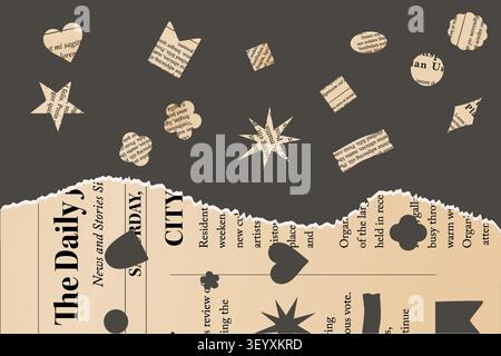 Scattered newspaper paper confetti above a torn newspaper edge on a dark background for scrapbook and collage themed designs. Stock Vector