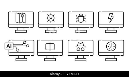 Set of 8 desktop computer icons: minimalist black line PC workstations displaying artificial intelligence, cyber security, and GPS map navigation scre Stock Vector