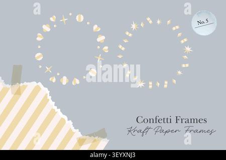 Circular paper confetti frames made from striped handmade cutout elements on a blue background. Stock Vector