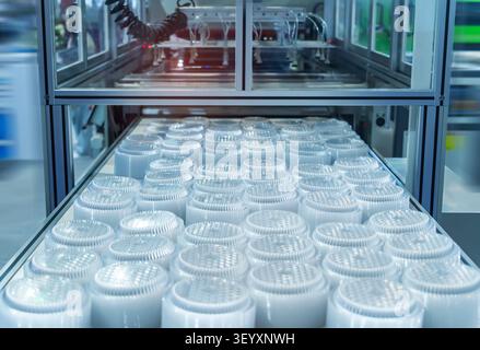 Stack of polypropylene food containers on conveyor belt of automatic plastic injection molding machine,automated technology concept Stock Photo