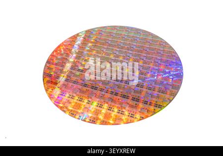 Silicon wafer with chips isolated on white background Stock Photo