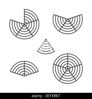 Concentric radar slice feature black vector set. This geometric target circle represents simple modern tech data networks. eps 10 Stock Vector