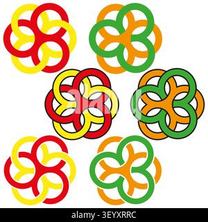 Interlocking circle knot mandala feature colorful vector set. This geometric ring rotation highlights abstract modern covers. eps 10 Stock Vector