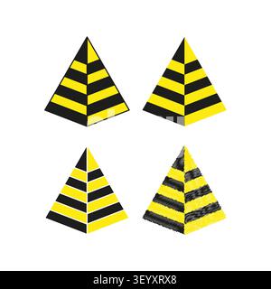 Striped pyramid traffic cone feature yellow vector set. This isometric warning geometry enhances construction hazard covers. eps 10 Stock Vector