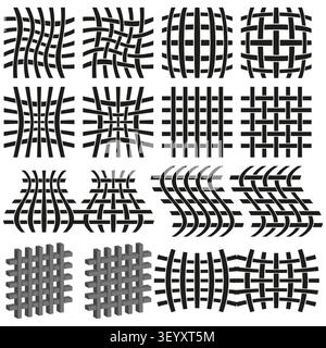 Geometric mesh grid feature black vector set. This abstract distorted net enhances modern graphic design layouts. eps 10 Stock Vector