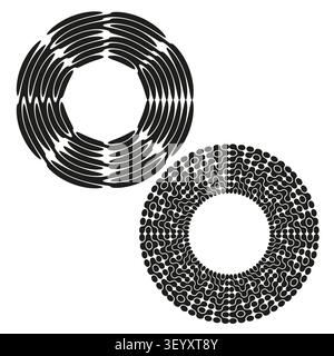 Concentric dotted circle mandala feature black vector set. This geometric spin rotation complements abstract tech backdrops. eps 10 Stock Vector