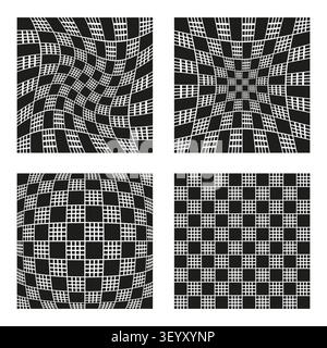 Checkered square optical illusion feature black vector set. This hypnotic grid warp enhances abstract geometry covers. eps 10 Stock Vector