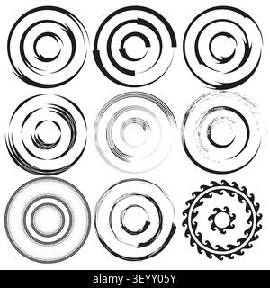 Circle brush stroke ring feature black vector set. This spiral swirl texture highlights abstract round background ornaments. eps 10 Stock Vector